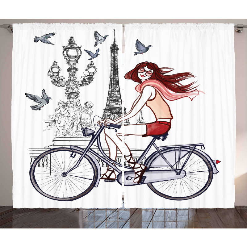 Woman on Bike Eiffel Curtain