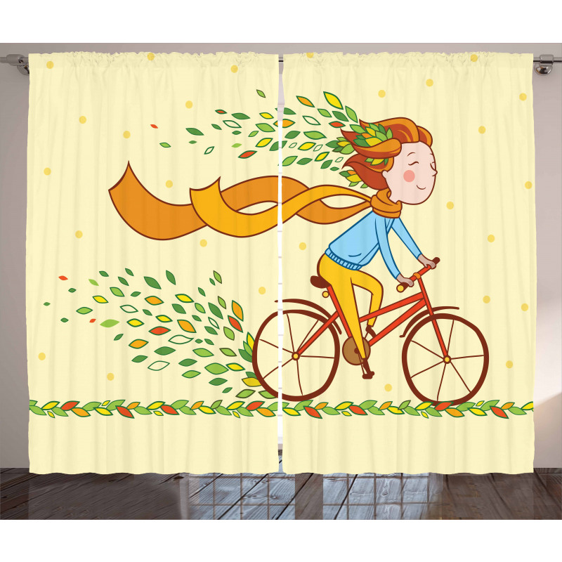 Girl Bike Autumn Leaves Curtain