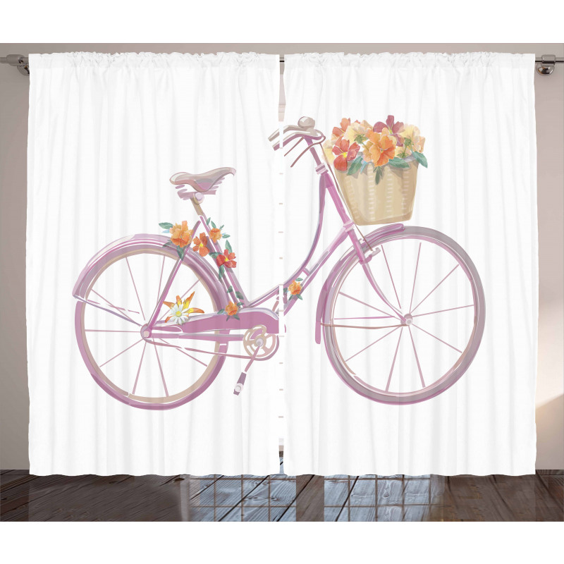 Pink Bike Flowers Art Curtain