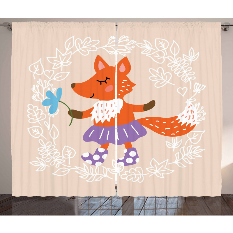 Fox with Clothing Flowers Curtain