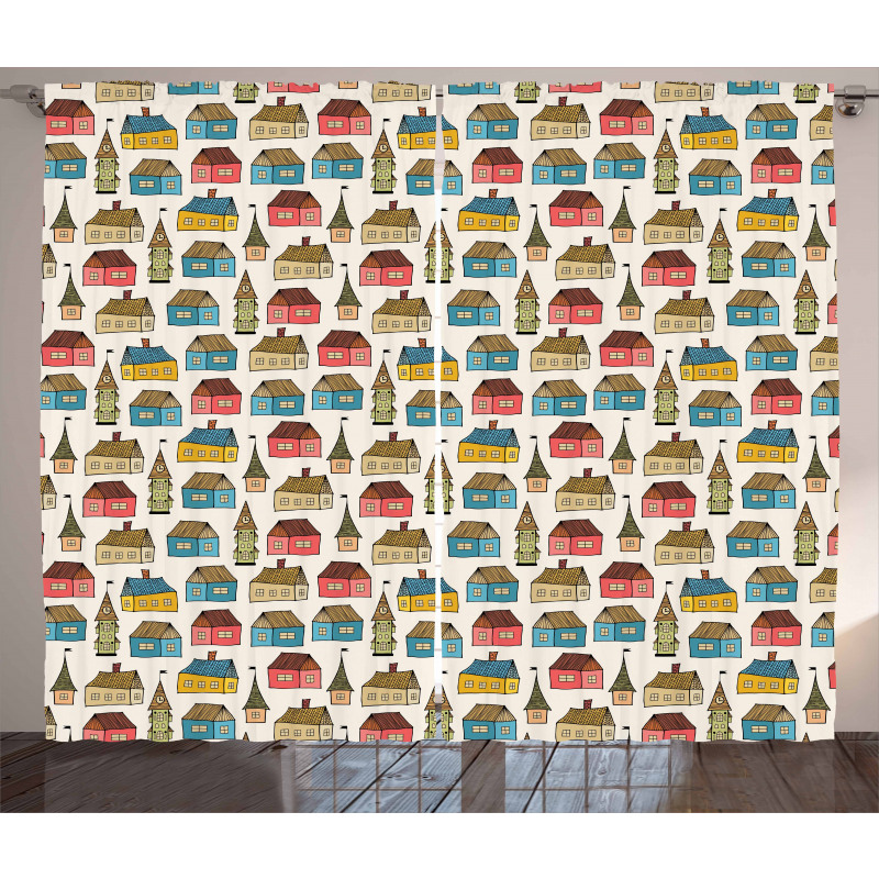 Hand Drawn Cartoon Houses Curtain