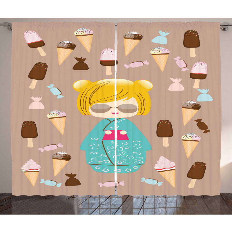 Kokeshi Doll Ice Cream Curtain