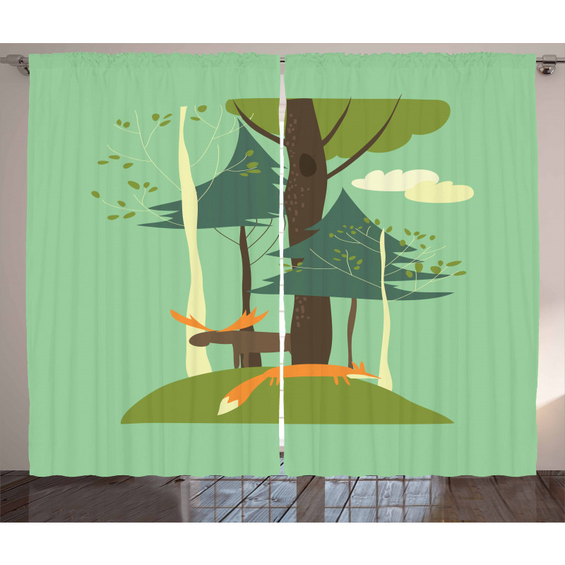 Elk and Fox in Forest Curtain