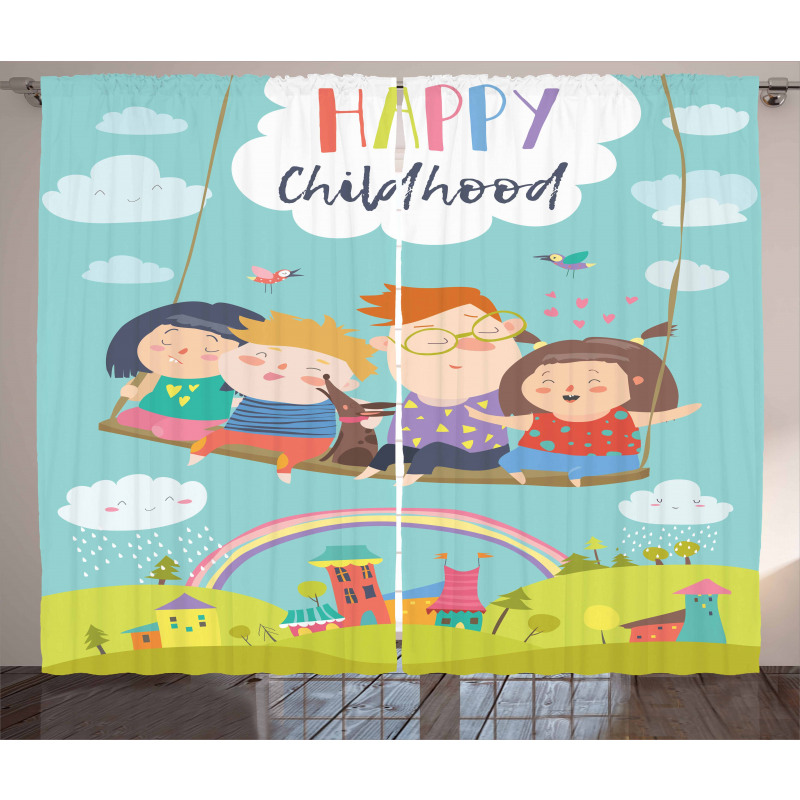 Happy Kids on a Swing Curtain