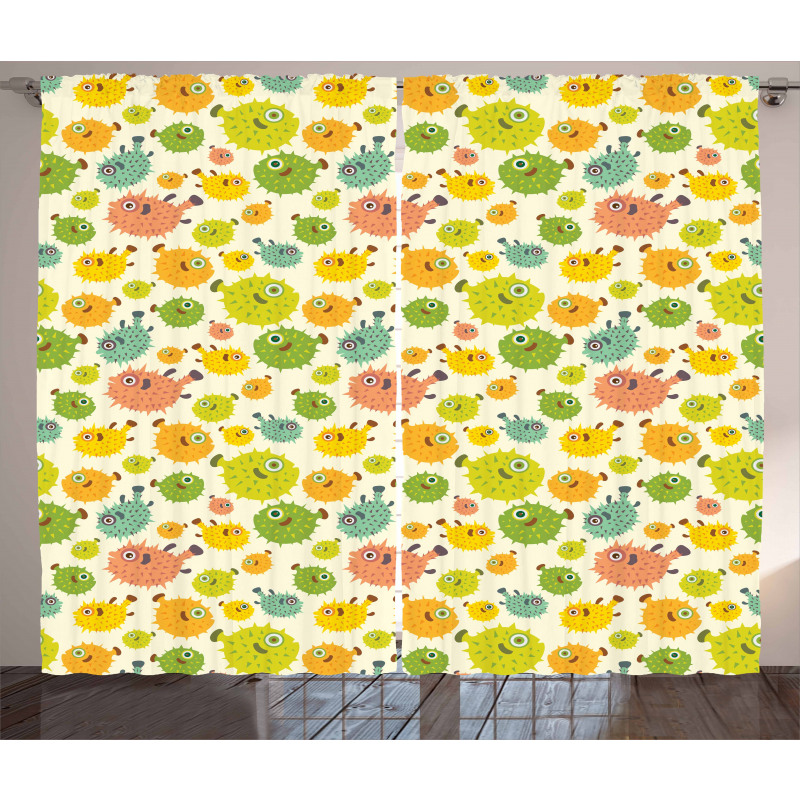 Funny Pufferfish Colorful Curtain