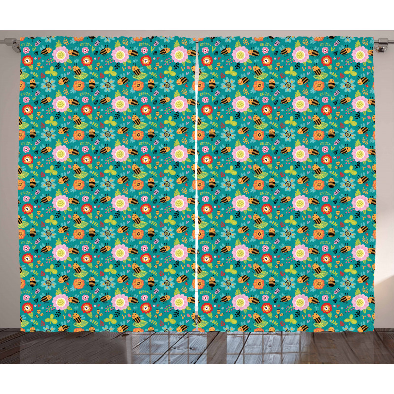 Smiling Funny Bees Doodle Curtain
