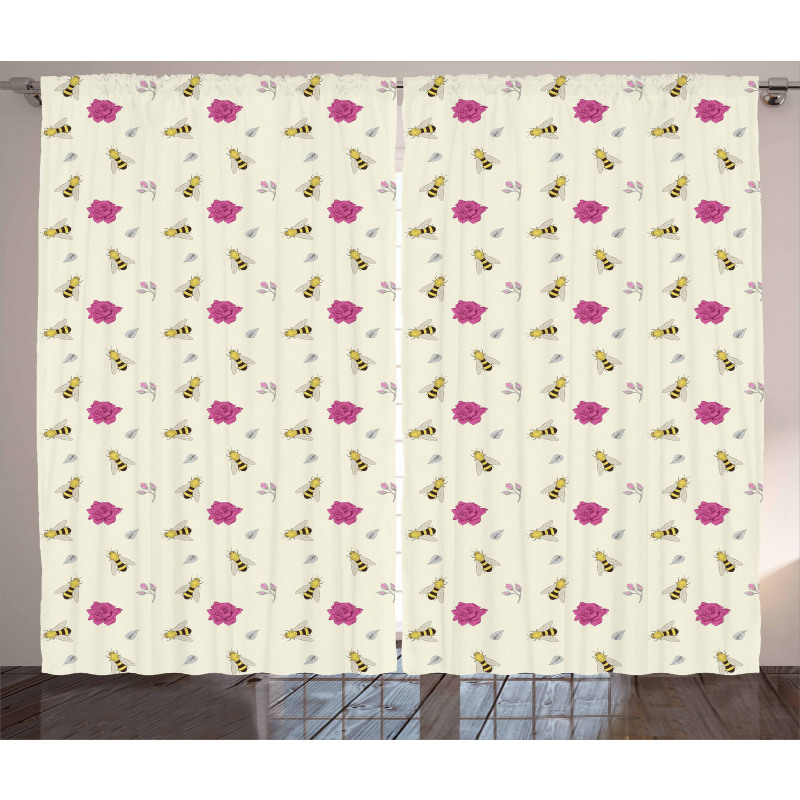 Hand-Drawn Bees Rose Buds Curtain