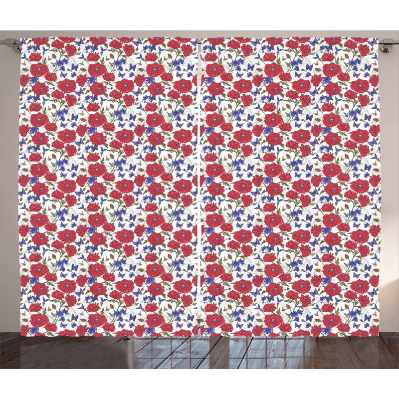 Summer Theme Red Poppies Curtain