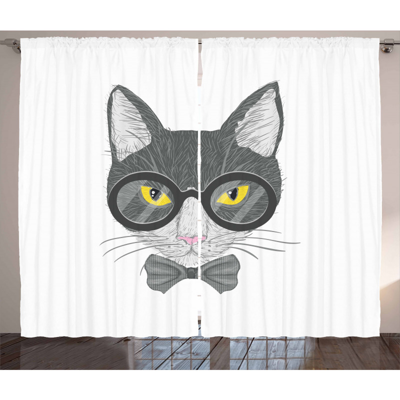 Greyscale Cat with Bowtie Curtain