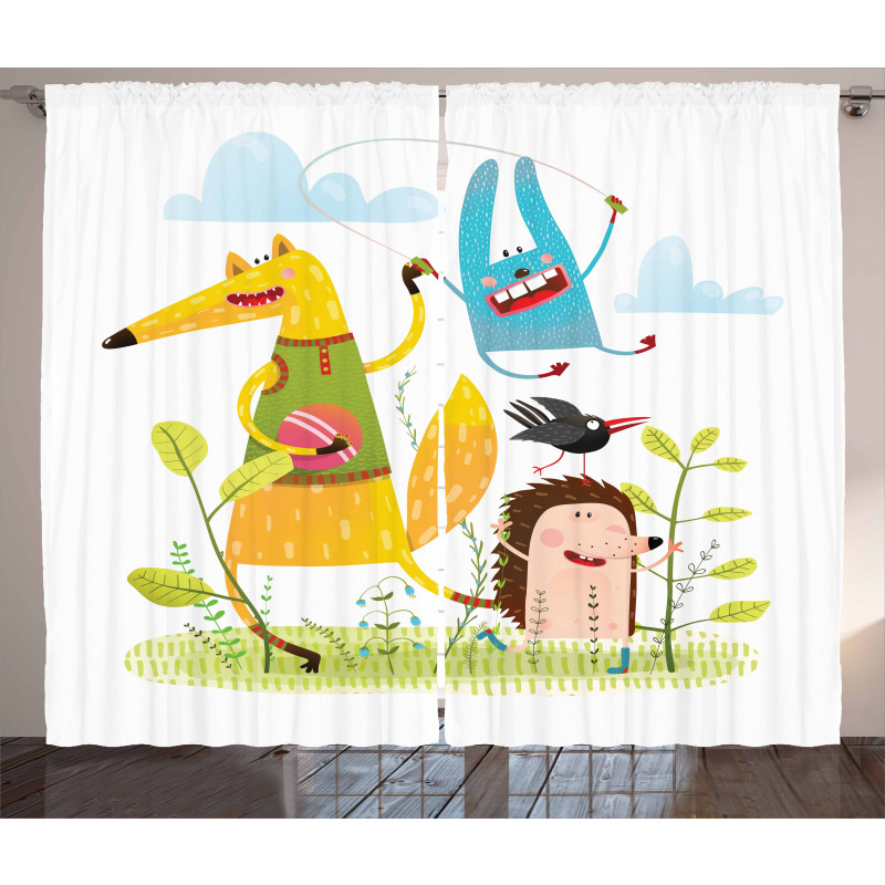 Playing Animals in Garden Curtain