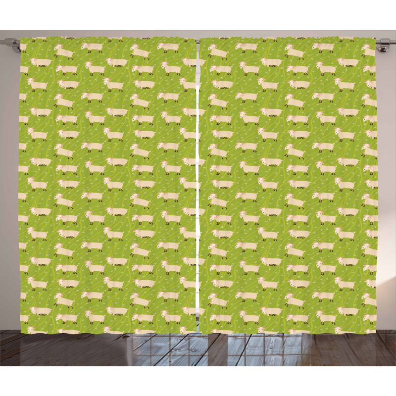 Goats on Green Field Curtain