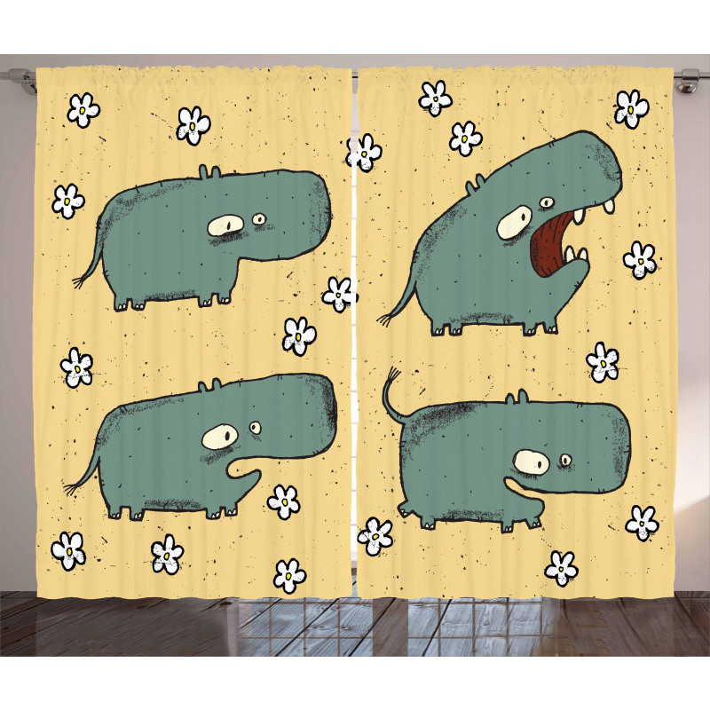 Comic Hippo Floral Grungy Curtain