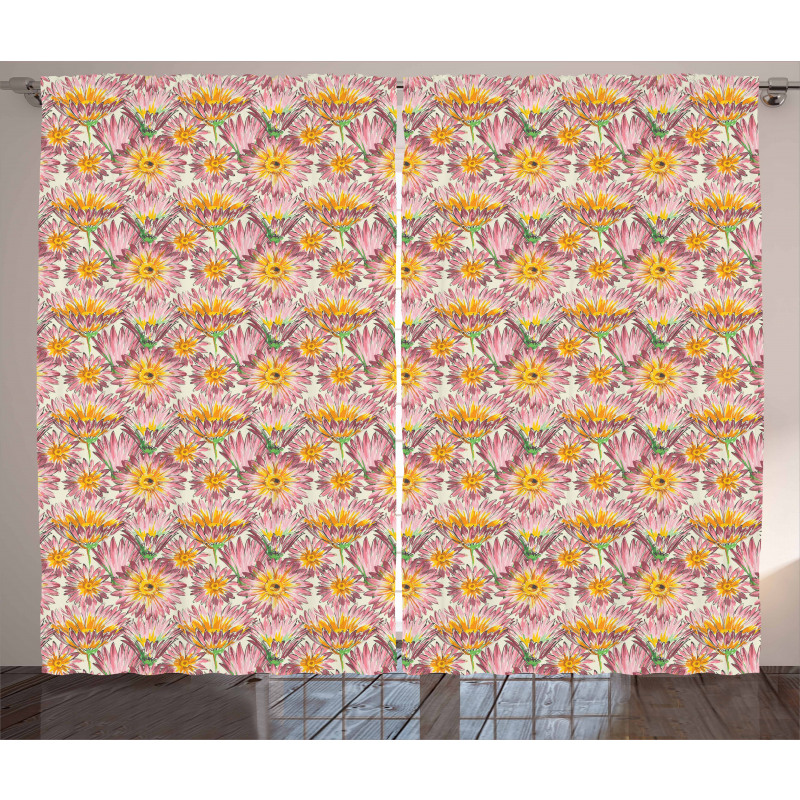 Retro Doodle Flowers Curtain
