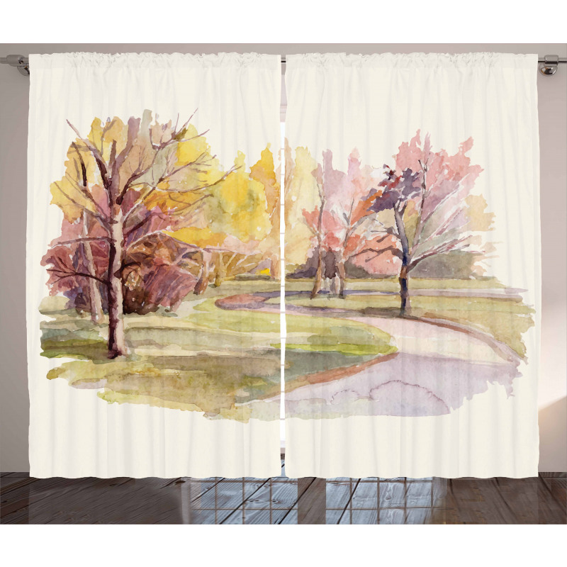 Watercolor Trees and Road Curtain