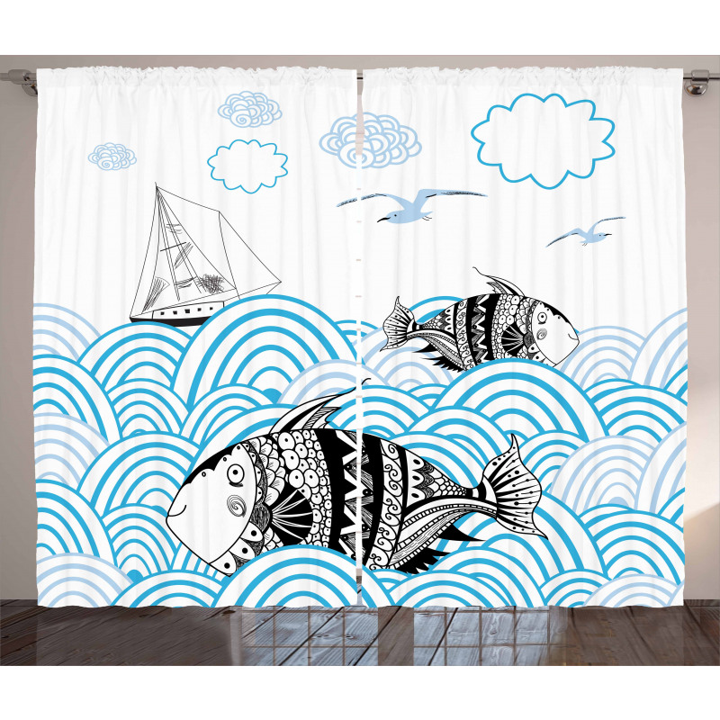 Sketch Boat and Animals Curtain