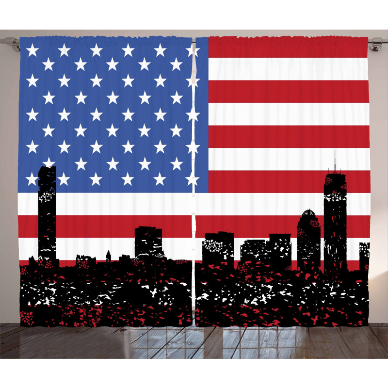 Skyline and US Flag Curtain