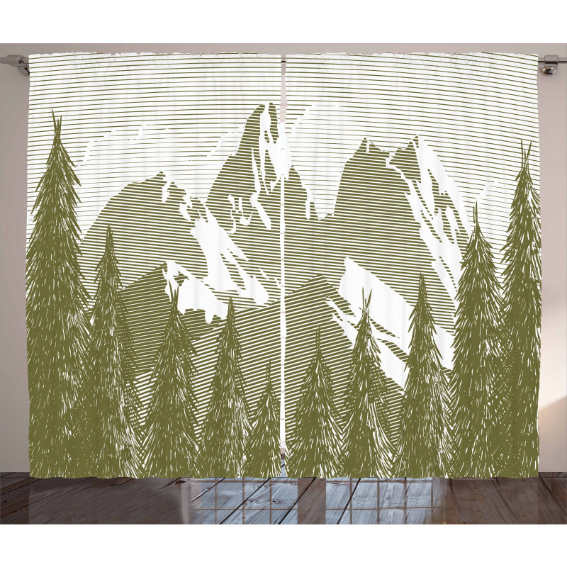 Woodcut Style Mountain Land Curtain