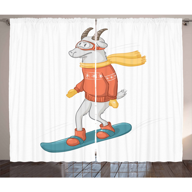 Cartoon Goat Snowboarding Curtain