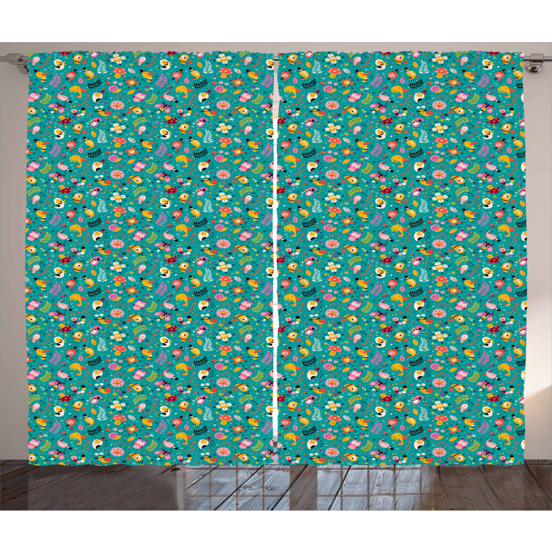 Funny Forest Birds Flowers Curtain