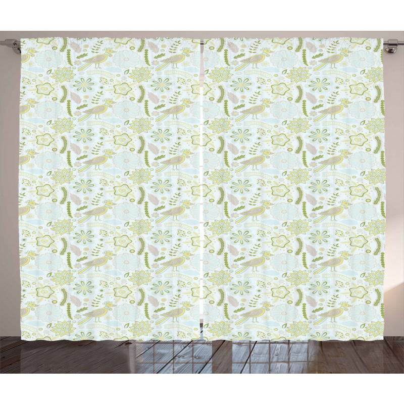 Doodle Flower Birds Curtain