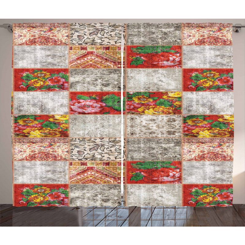 Folkloric Grunge Flowers Curtain