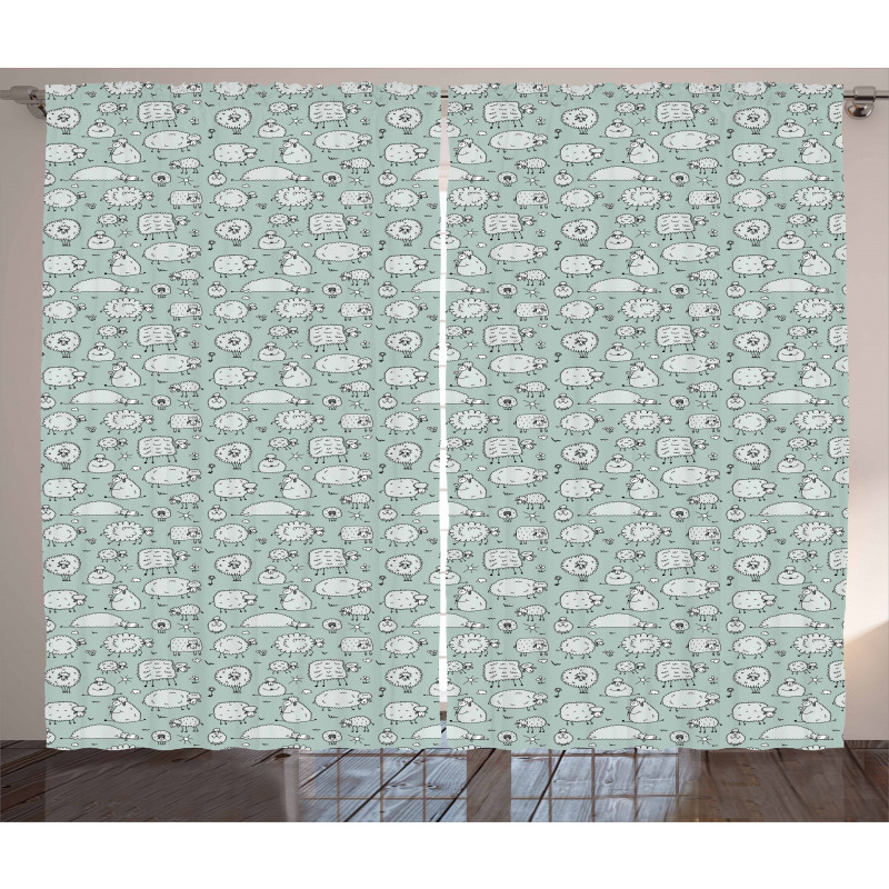 Funny Flock of Sheep Doodle Curtain