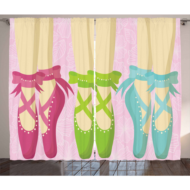 Colored Pointe Shoes on Pink Curtain