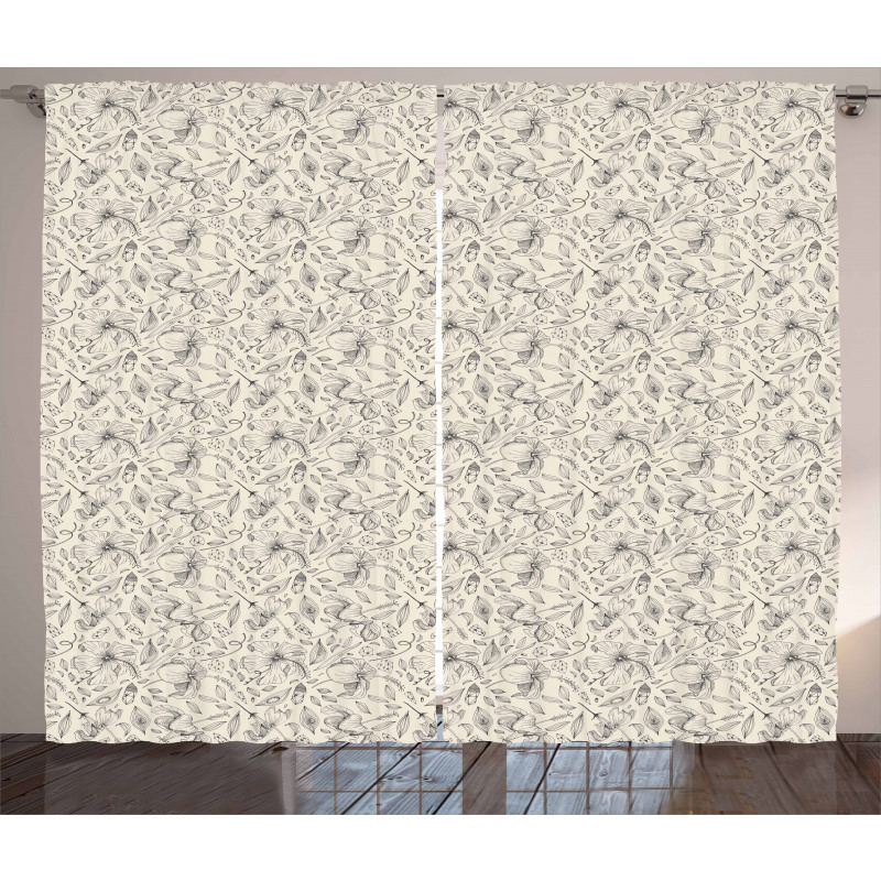 Rocks Flowers Leaves Sketch Curtain