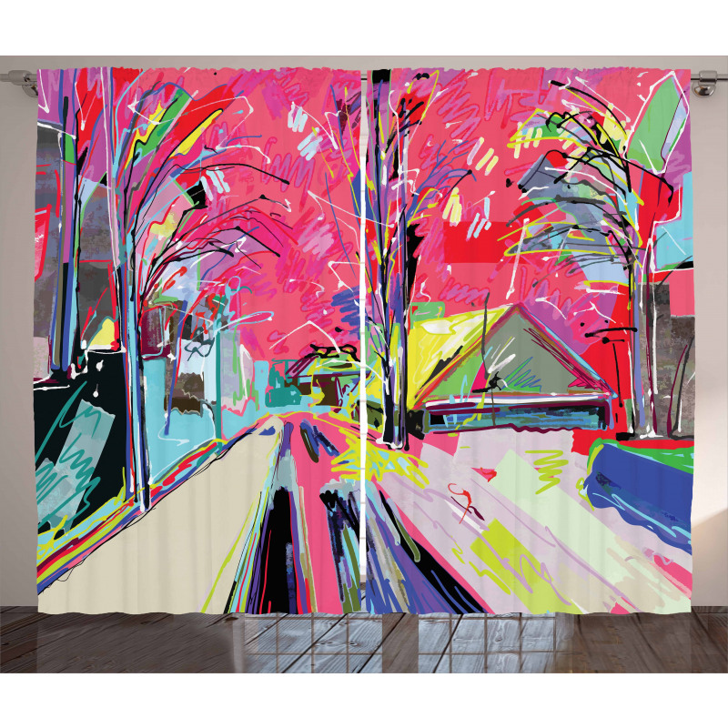 Funky Streets Sketch Trees Curtain