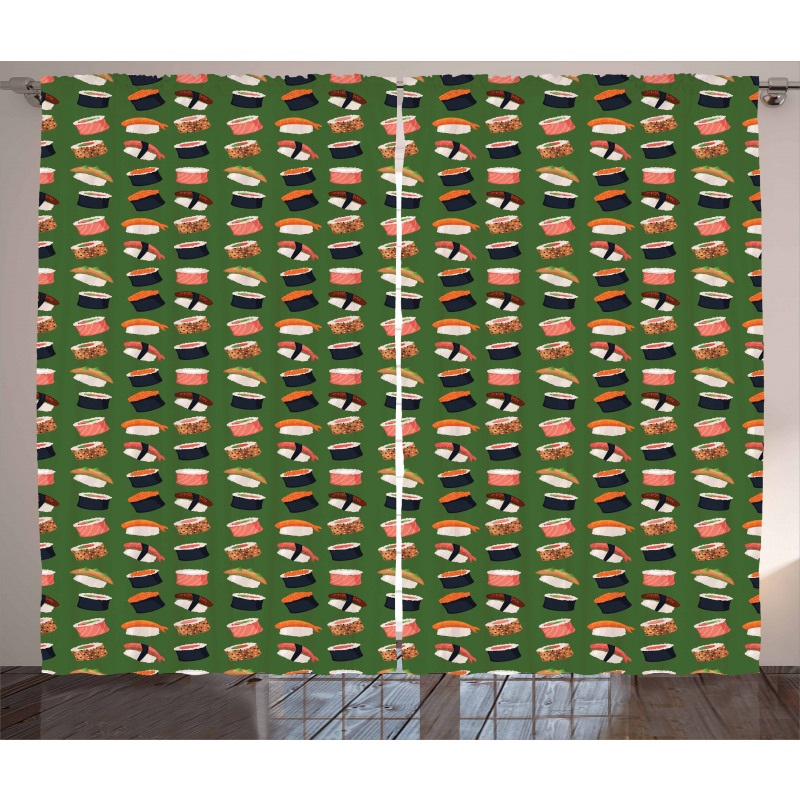 Seafood Rolls on Green Shade Curtain