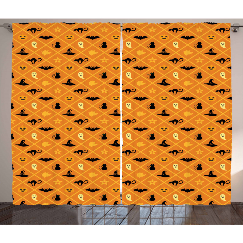 Cat Hat Bat Leaves Pumpkin Curtain