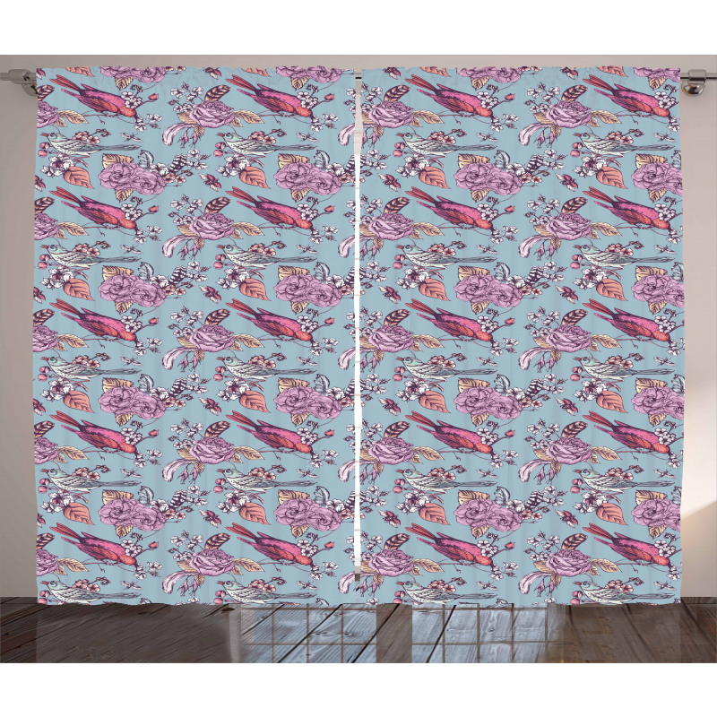 Perching Birds and Flowers Curtain