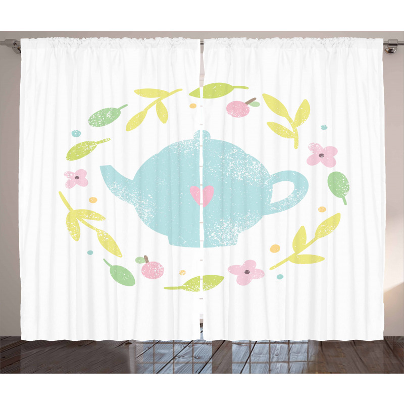 Grungy Teapot Floral Wreath Curtain