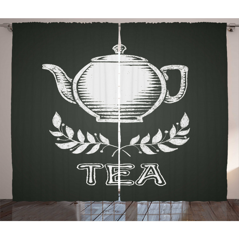 Teapot Leaf Branches Chalkboard Curtain