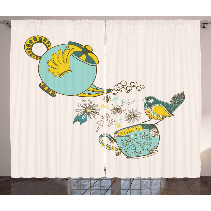 Bird Flowers Winged Pot Art Curtain