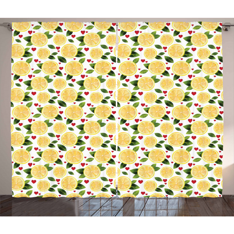 Slices Leaves and Red Hearts Curtain