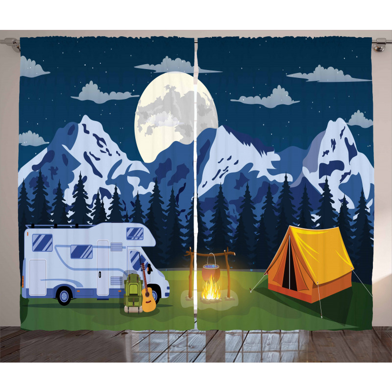 Camping in the Woods at Night Curtain