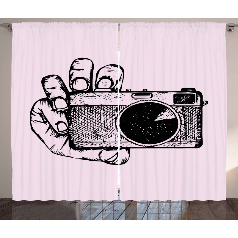 Sketch Style Camera Doodle Curtain