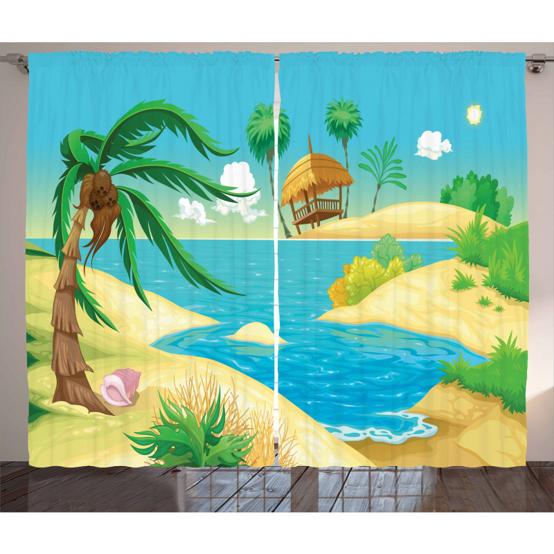 Beach View Cartoon Design Curtain