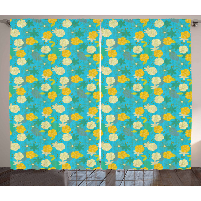 Flowers on Blue Pattern Curtain