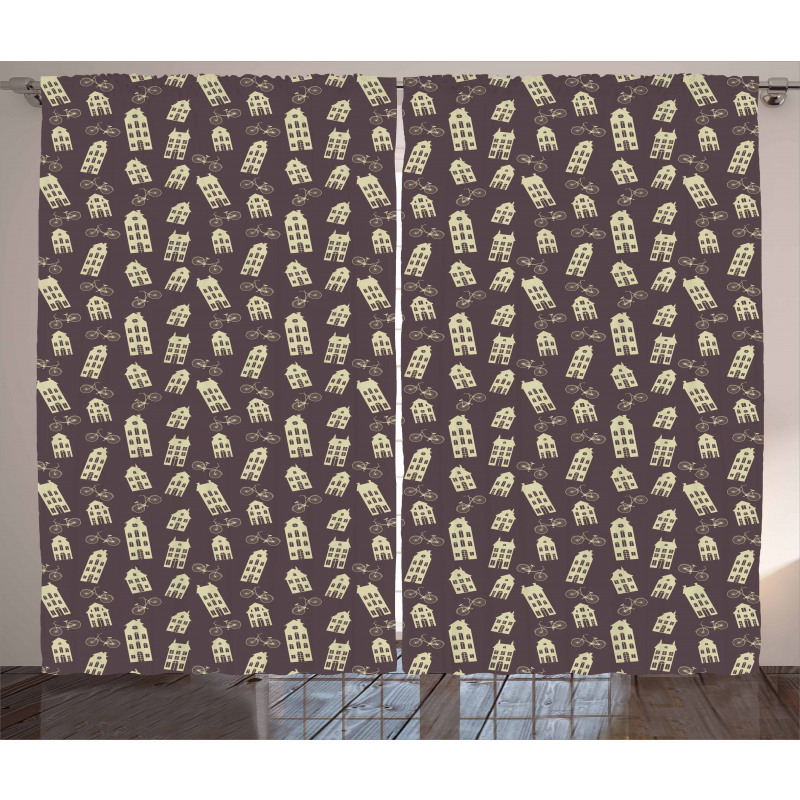 Retro Houses and Bicycles Curtain