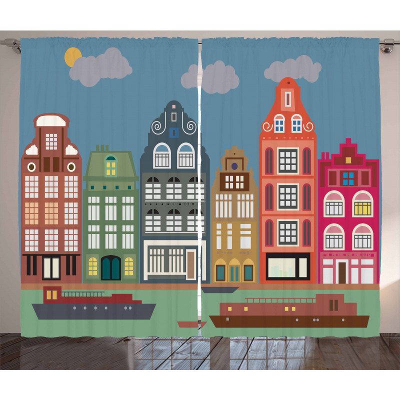 European Houses and Ships Curtain