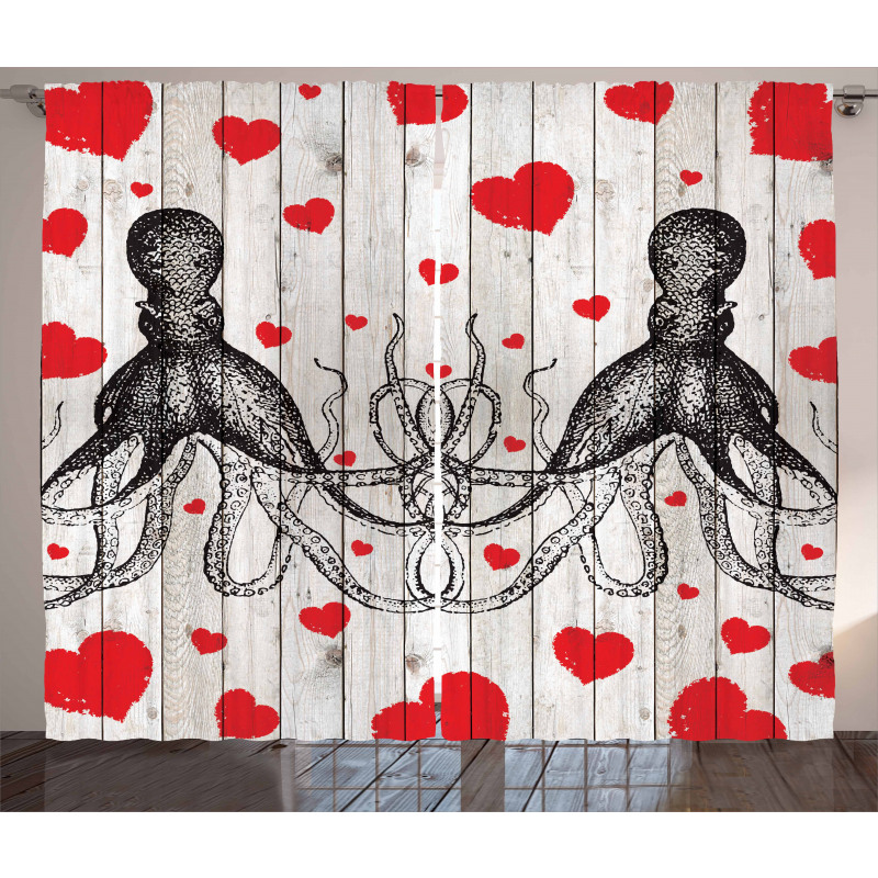 Octopus Sketch and Hearts Curtain