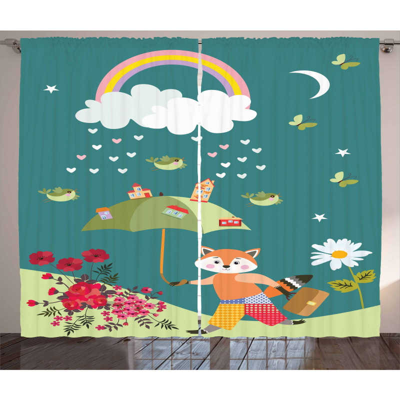 Forest Animal Hearts Flowers Curtain
