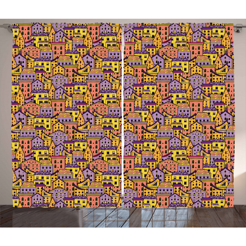 Doodle Colorful Houses Curtain