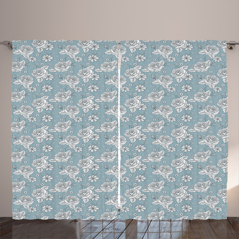 Retro Drawn Blossoms on Blue Curtain