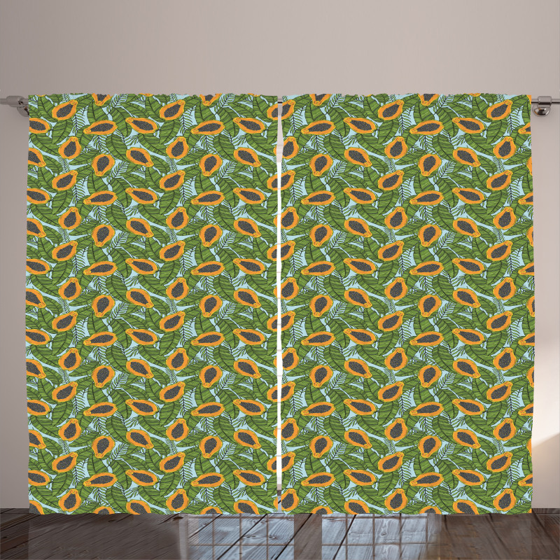 Halved Tropic Fruits Leaves Curtain