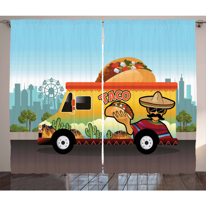 Taco Truck on Road in City Curtain
