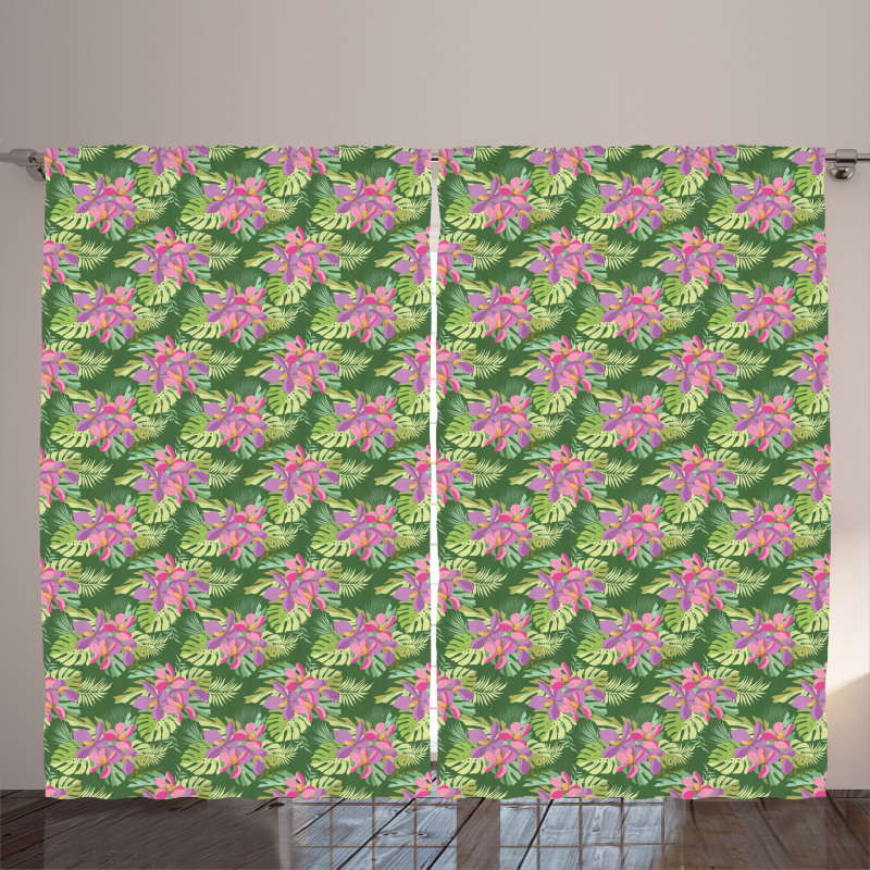 Tropical Flowers Palm Leaf Curtain