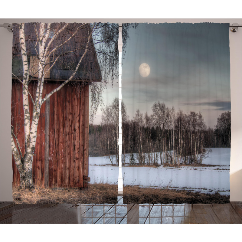 House Trees Winter Season Curtain